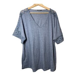 Bloomchic 18-20 Crochet Lace Top Shirt Jersey Heathered Blue Short Sleeve V-neck